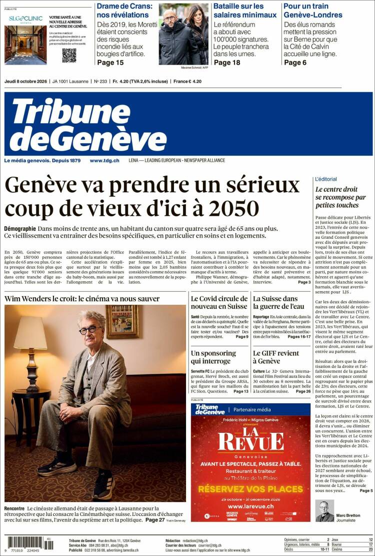 Portada de La Tribune de Genève (Suiza)