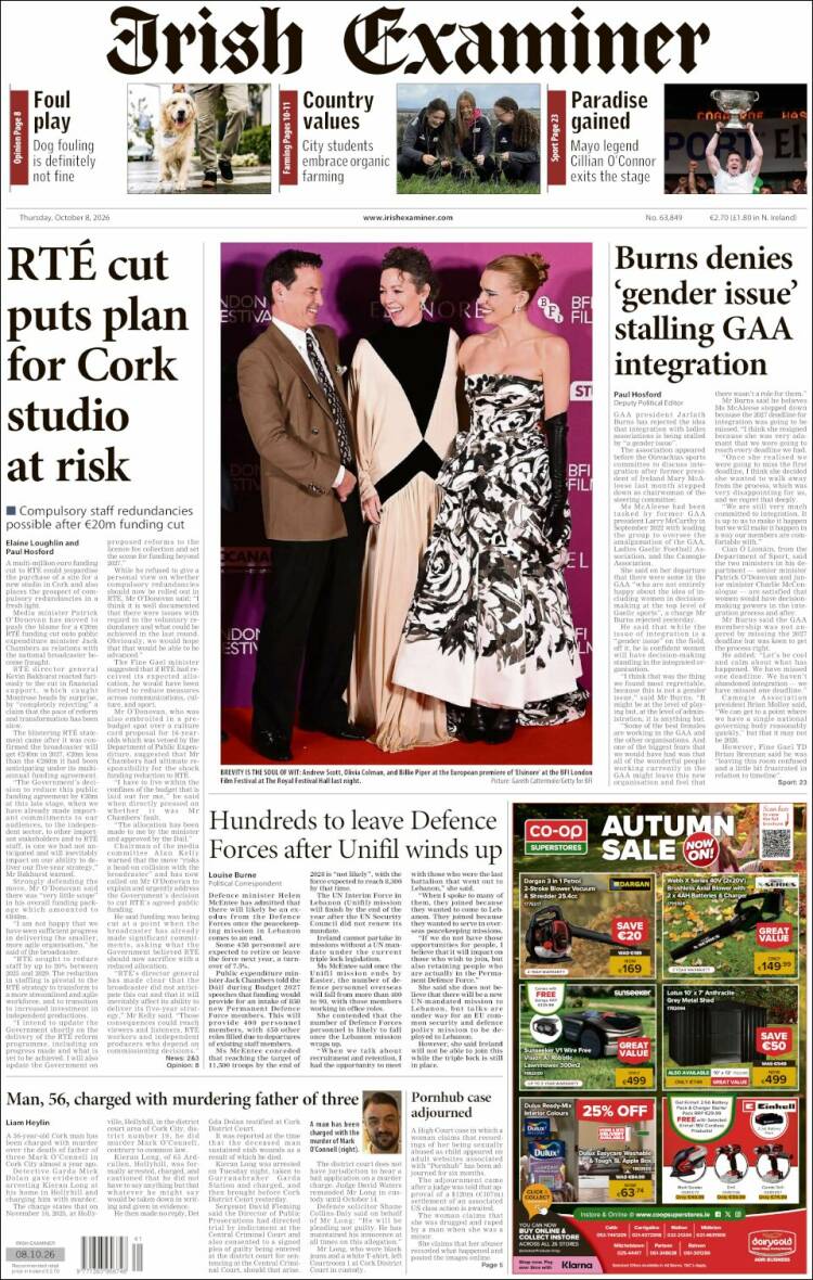 Portada de Irish Examiner (Irlanda)