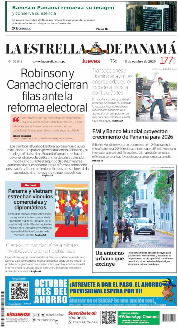 Portada de La Estrella de Panamá (Panam&aacute;)