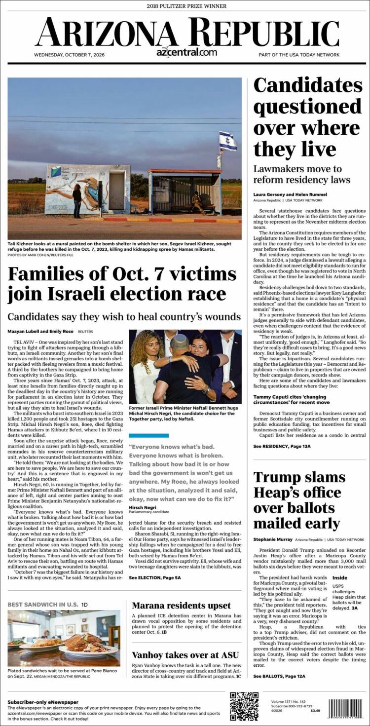 Portada de Arizona Republic News (USA)