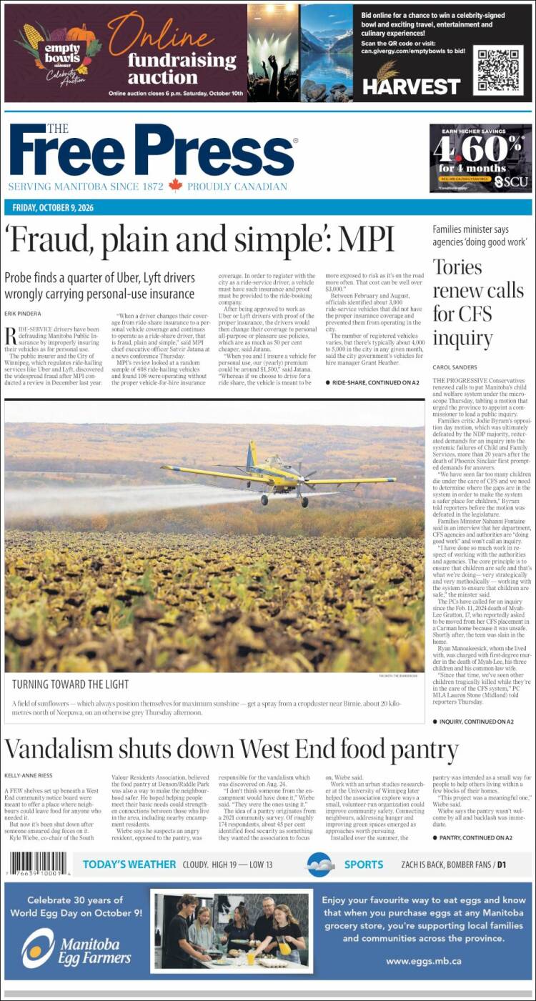 Portada de Winnipeg Free Press (Canad&aacute;)