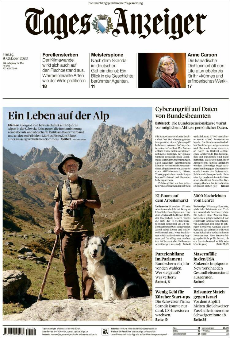 Portada de Tages-Anzeiger (Suiza)