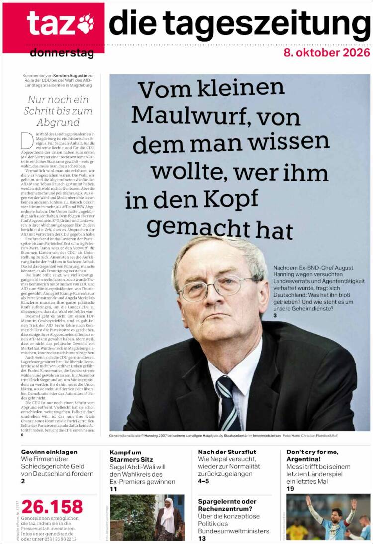 Portada de Die Tageszeitung (Alemania)