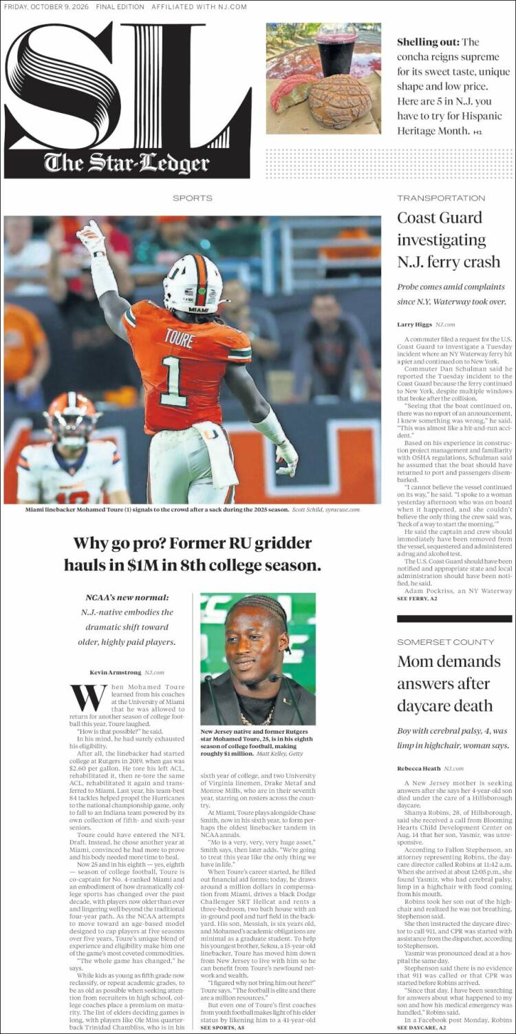 Portada de Star-Ledger (USA)