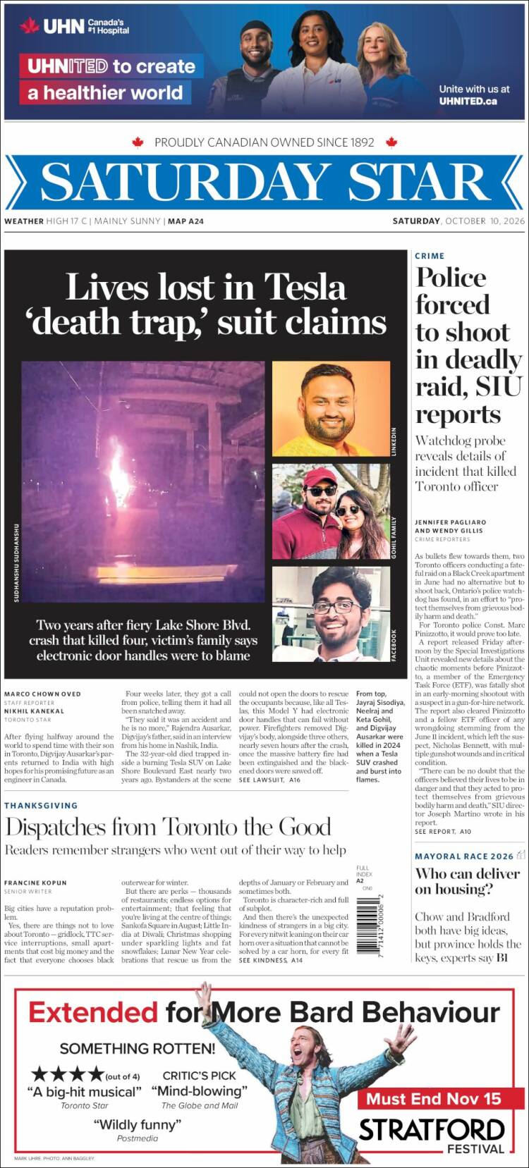 Portada de The Toronto Star (Canad&aacute;)