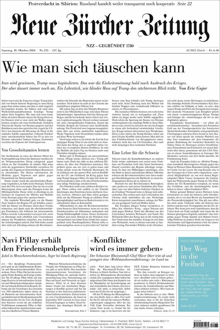Portada de Neue Zürcher Zeitung (Suiza)