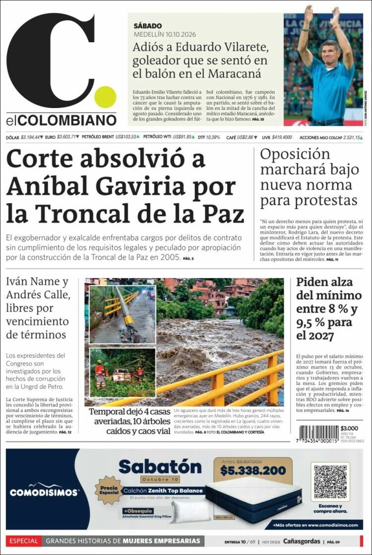 Portada de El Colombiano (Colombia)