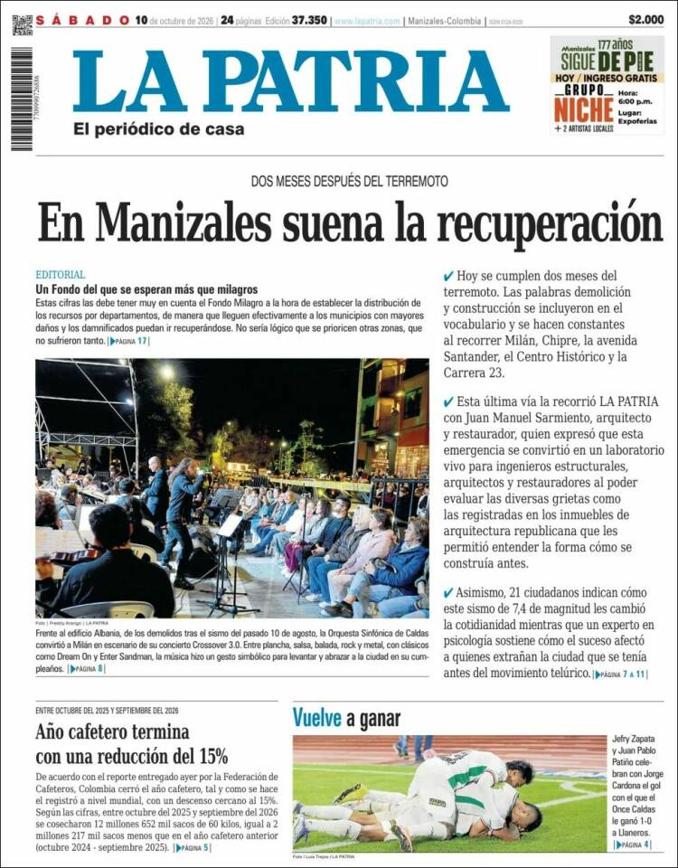 Portada de La Patria (Colombia)