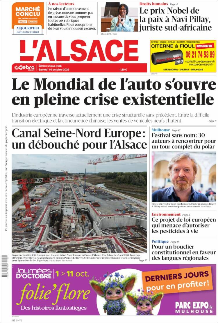 Portada de Journal L'Alsace (Francia)
