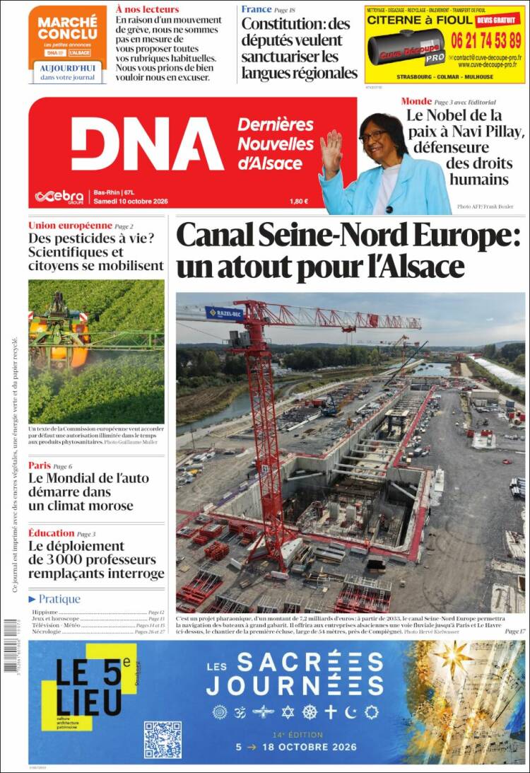 Portada de Les Dernières Nouvelles d'Alsace (Francia)