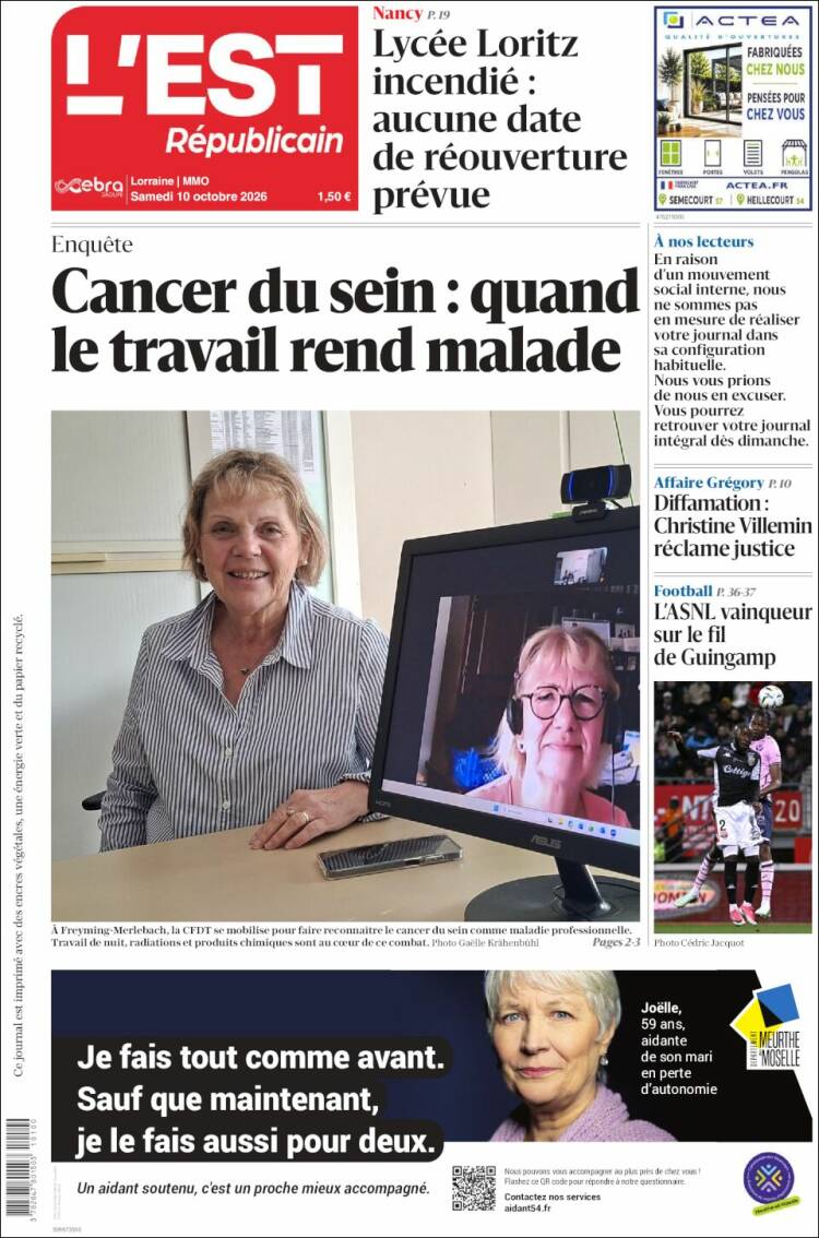 Portada de L'Est Republicain (Francia)