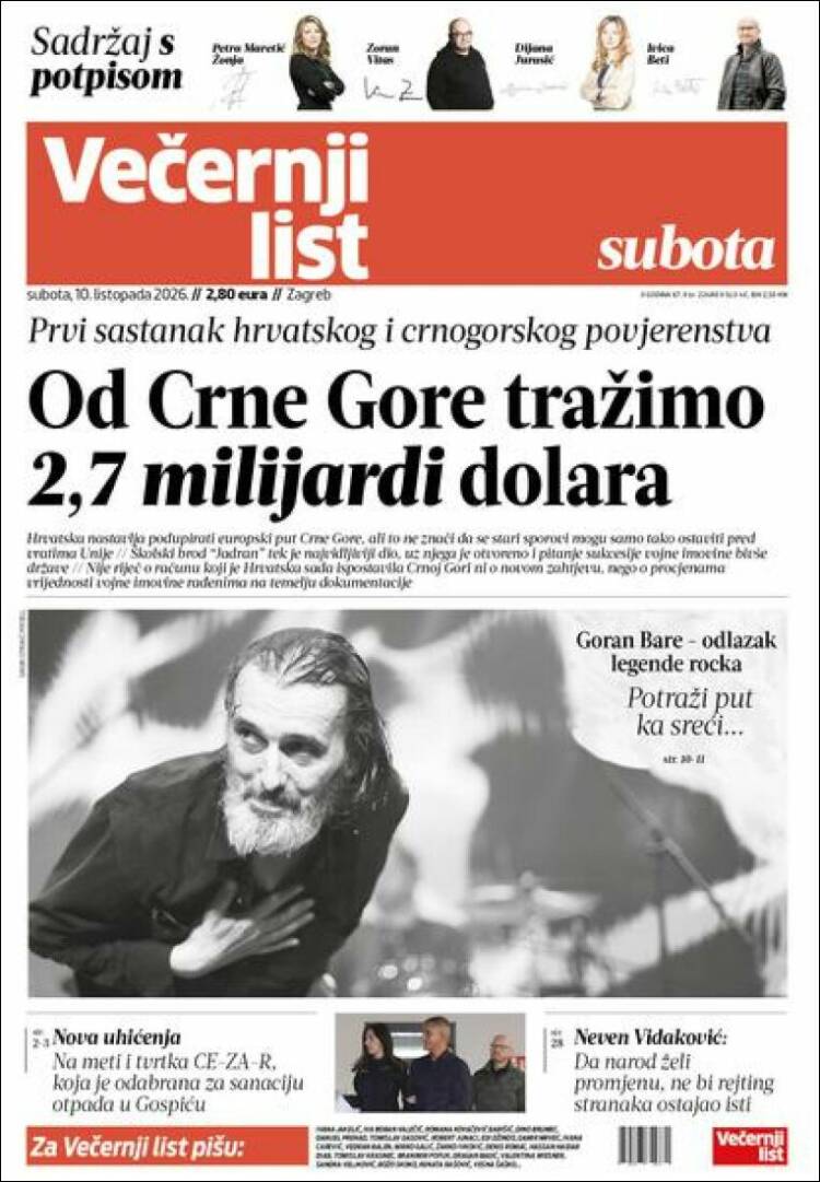 Portada de Večernji (Croacia)