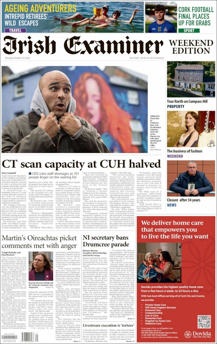 Portada de Irish Examiner (Irlanda)