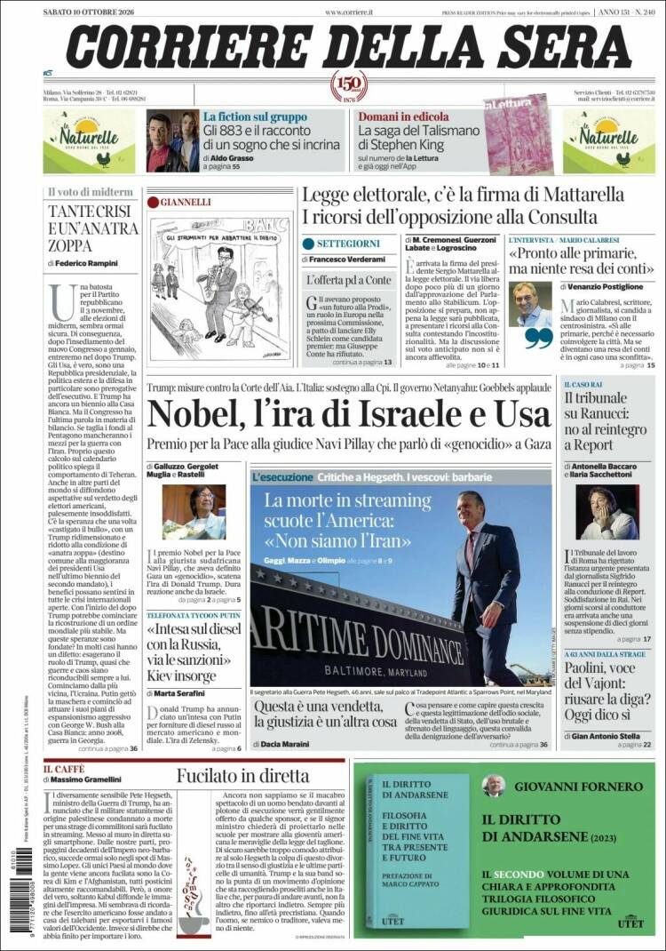 Portada de Corriere della Sera (Italia)