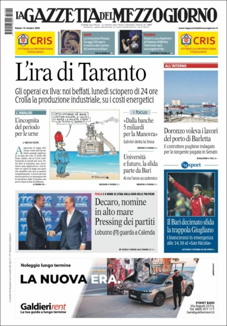 Portada de La Gazzetta del Mezzogiorno (Italia)