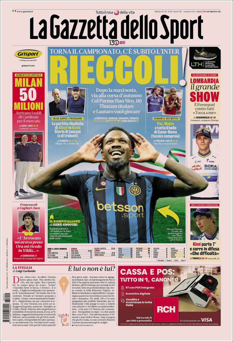 Portada de La Gazzetta dello Sport (Italia)
