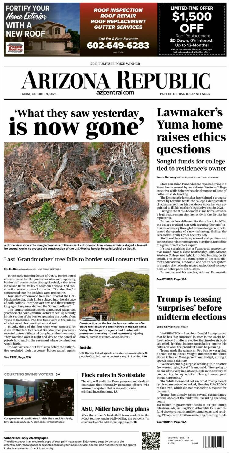 Portada de Arizona Republic News (USA)