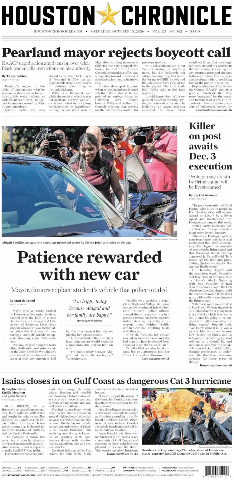 Portada de Houston Chronicle (USA)