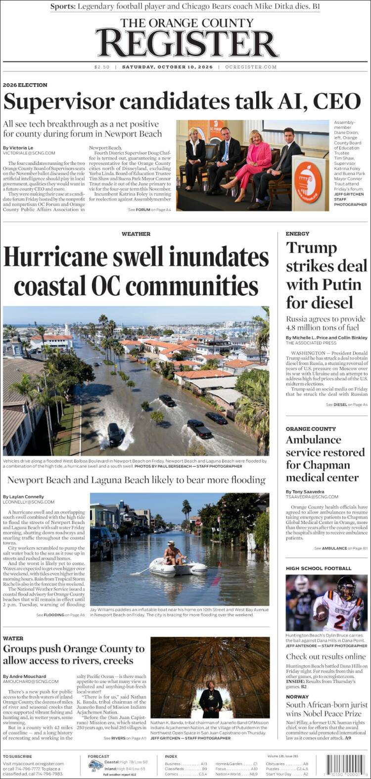 Portada de The Orange County Register (USA)