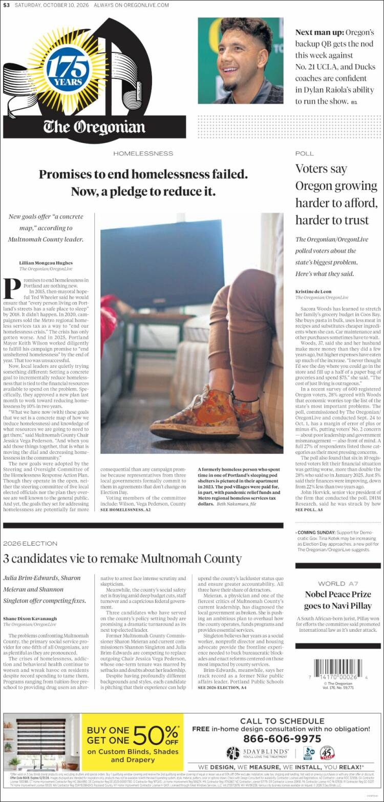 Portada de The Oregonian (USA)