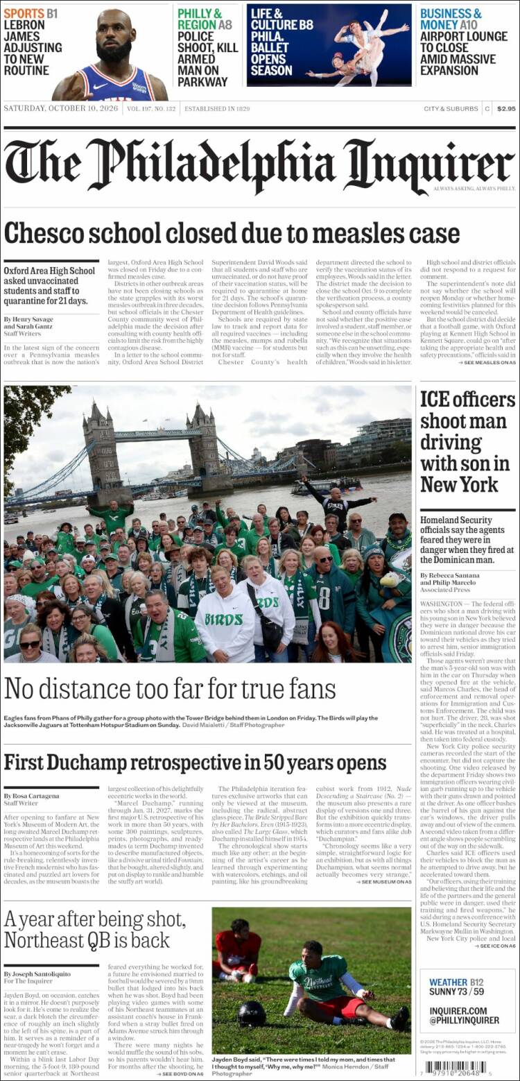 Portada de Philadelphia Inquirer (USA)