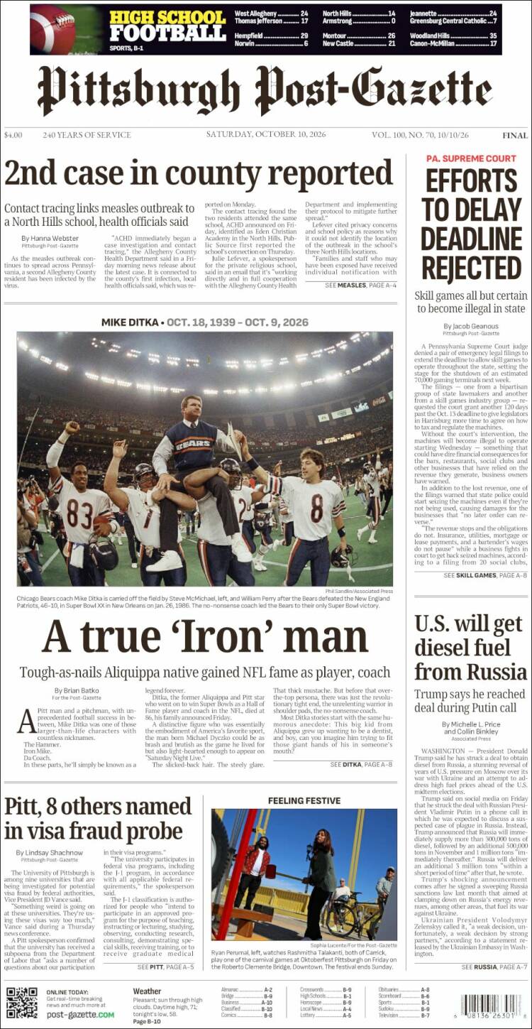 Portada de Pittsburgh Post-Gazette (USA)