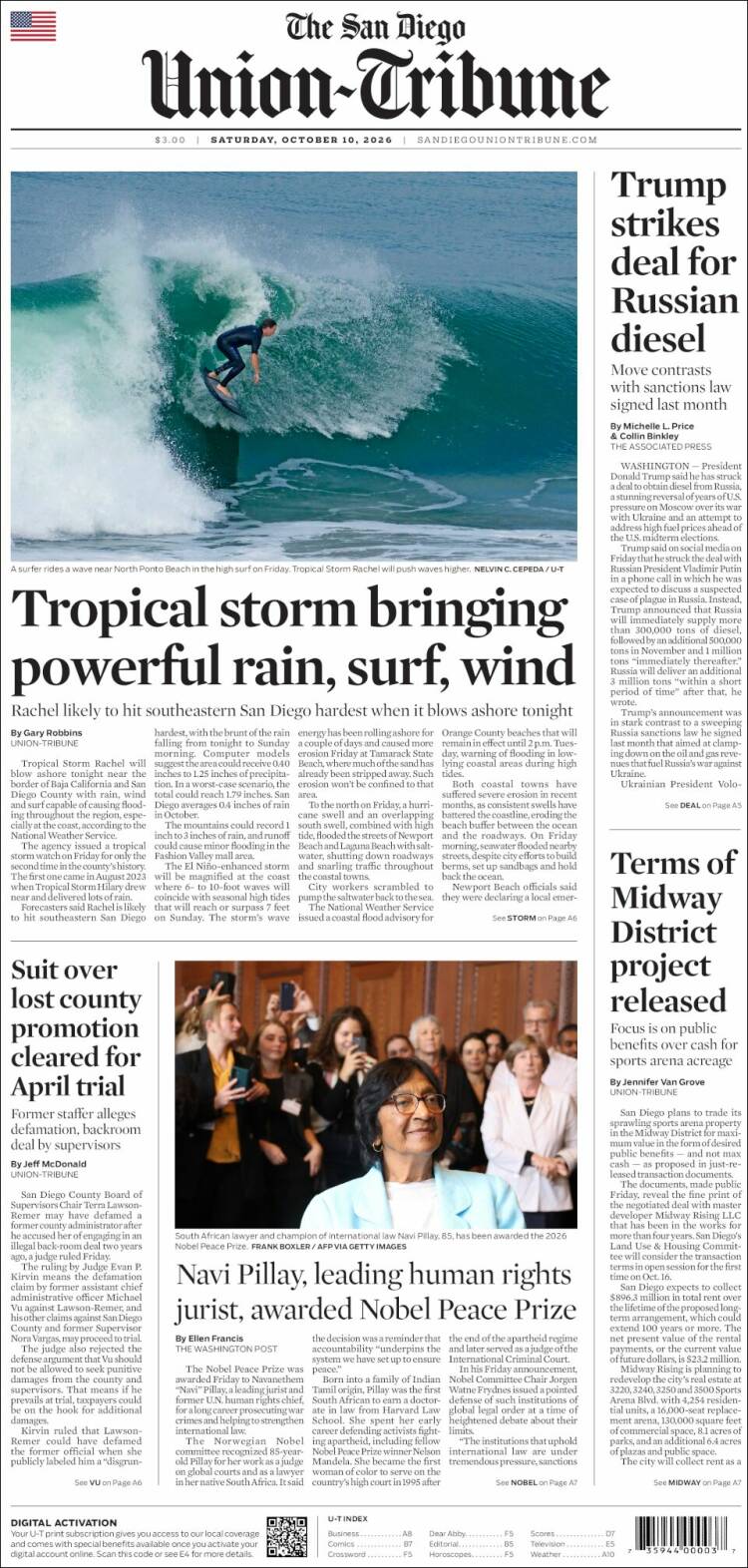 Portada de The San Diego Union-Tribune (USA)