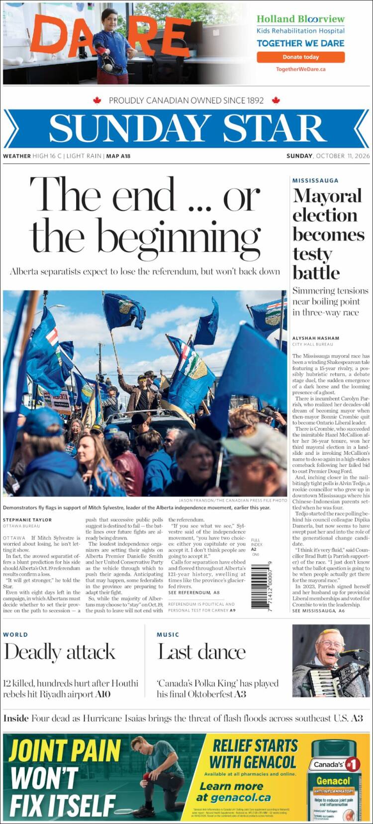 Portada de The Toronto Star (Canad&aacute;)