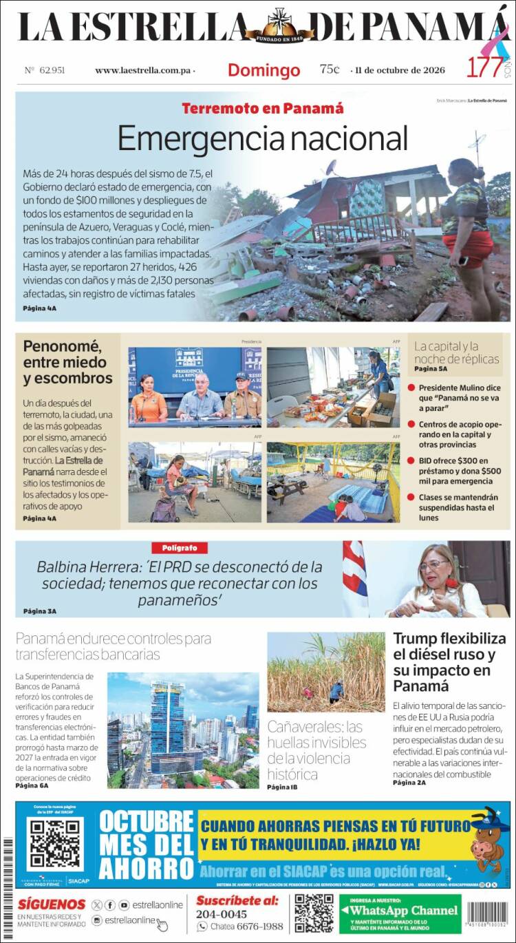Portada de La Estrella de Panamá (Panam&aacute;)