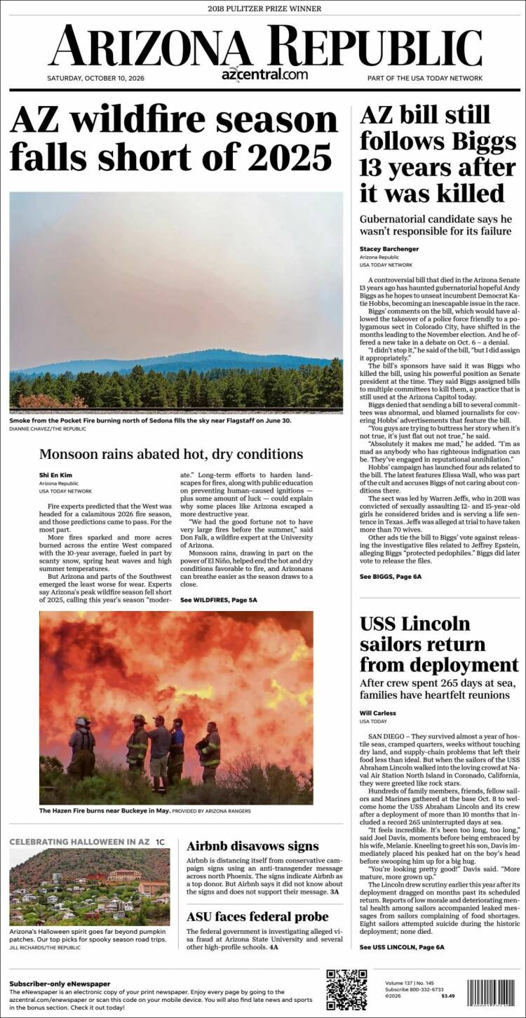 Portada de Arizona Republic News (USA)