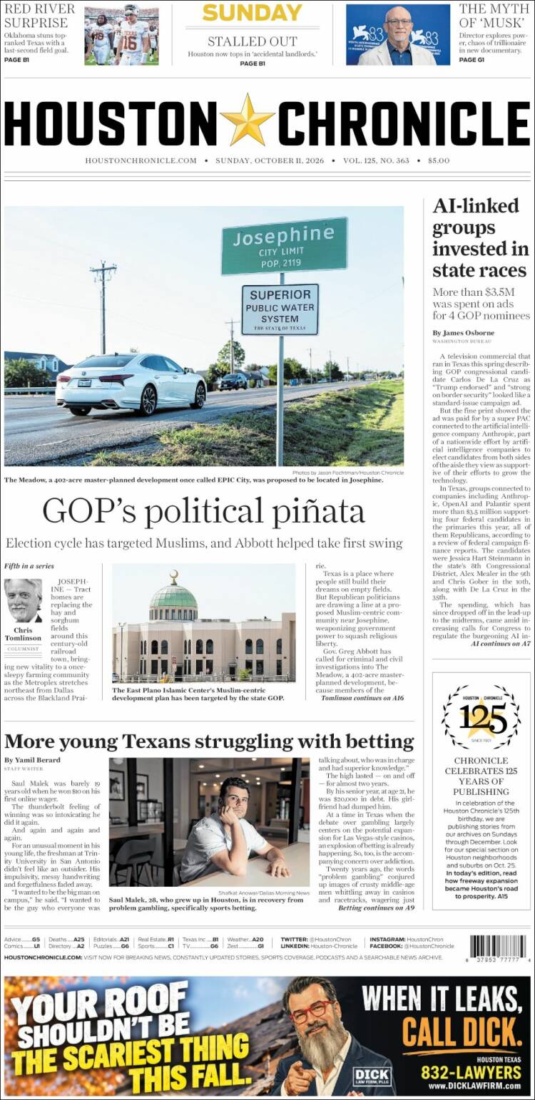 Portada de Houston Chronicle (USA)