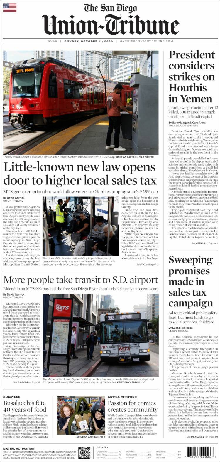 Portada de The San Diego Union-Tribune (USA)