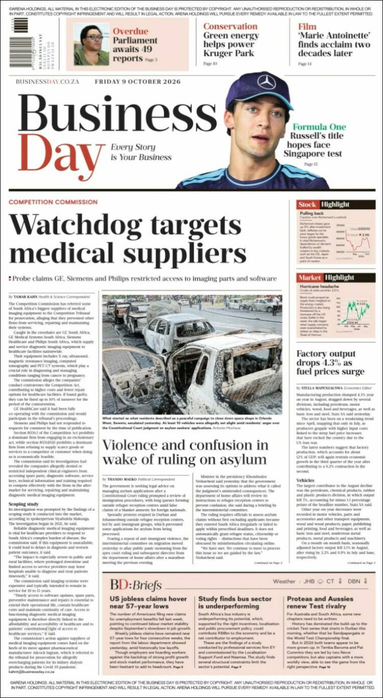Portada de Business Day (Sud&aacute;frica)