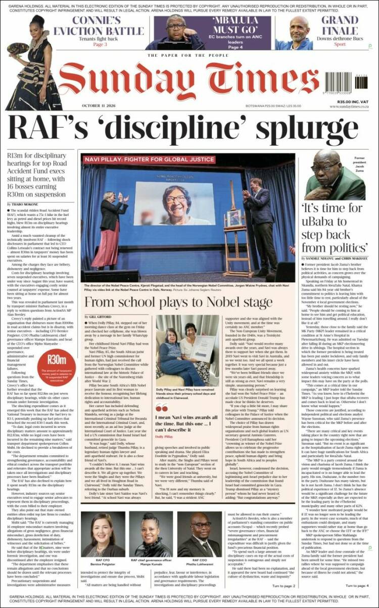 Portada de The Times (Sud&aacute;frica)