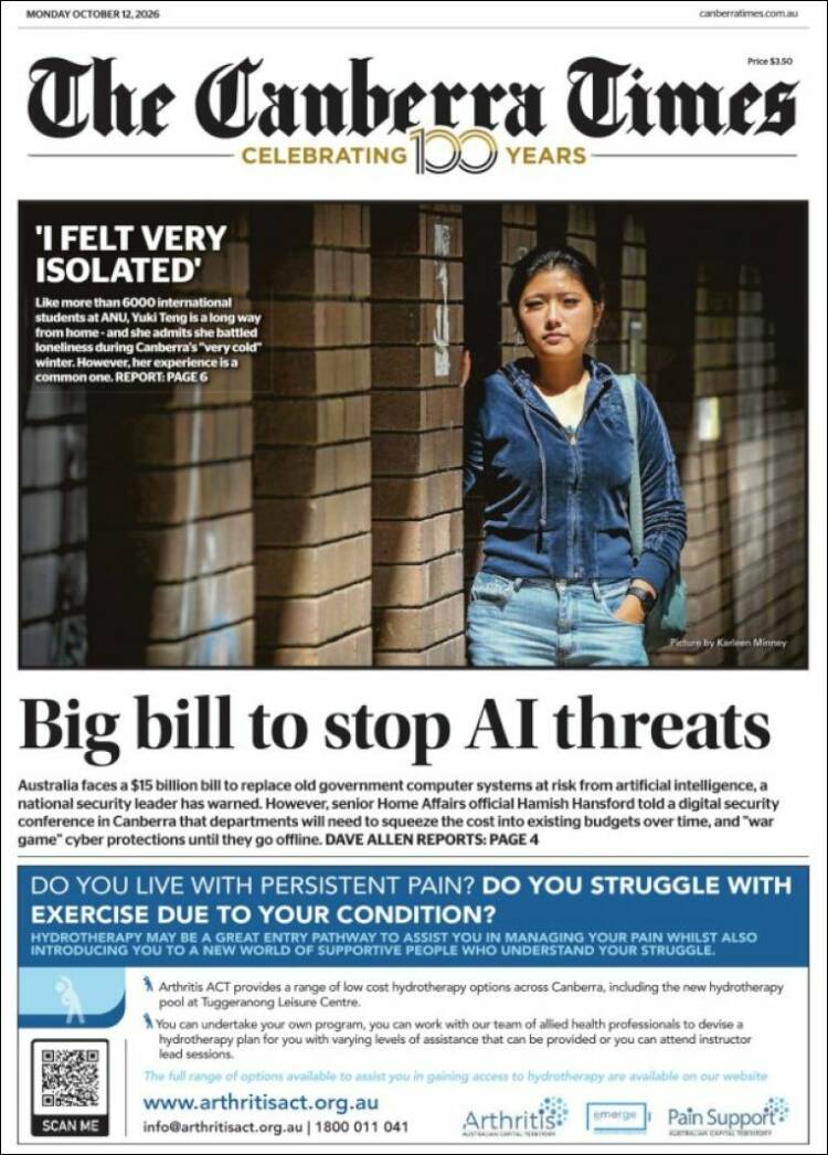 Portada de The Canberra Times (Australia)
