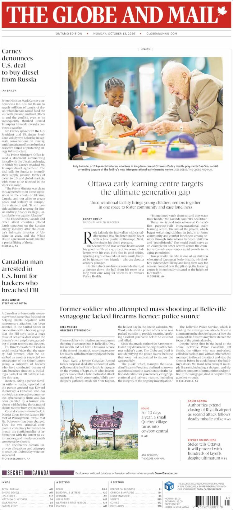 Portada de The Globe and Mail (Canad&aacute;)