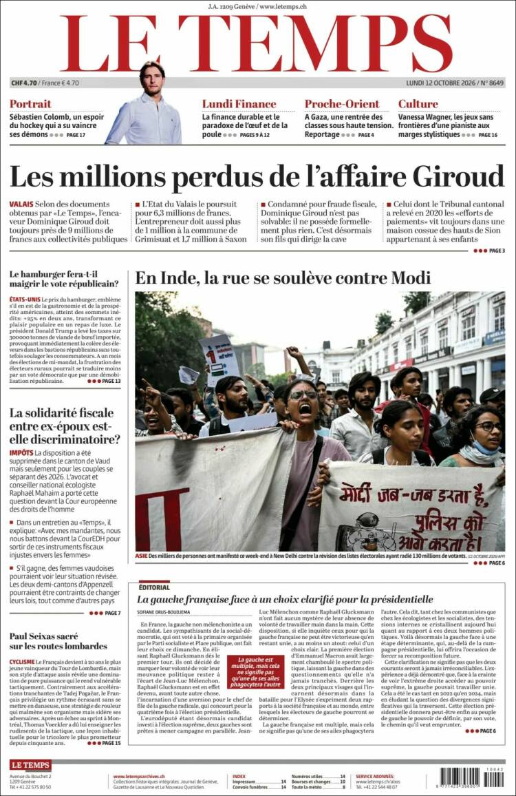 Portada de Le Matin (Suiza)