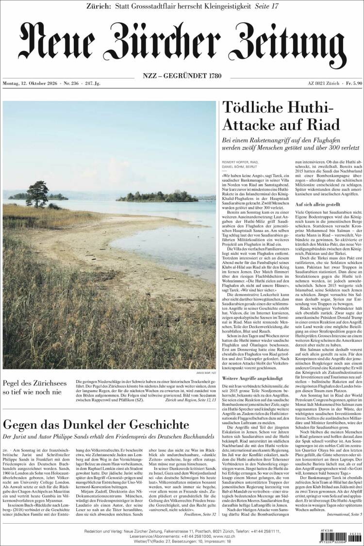 Portada de Neue Zürcher Zeitung (Suiza)