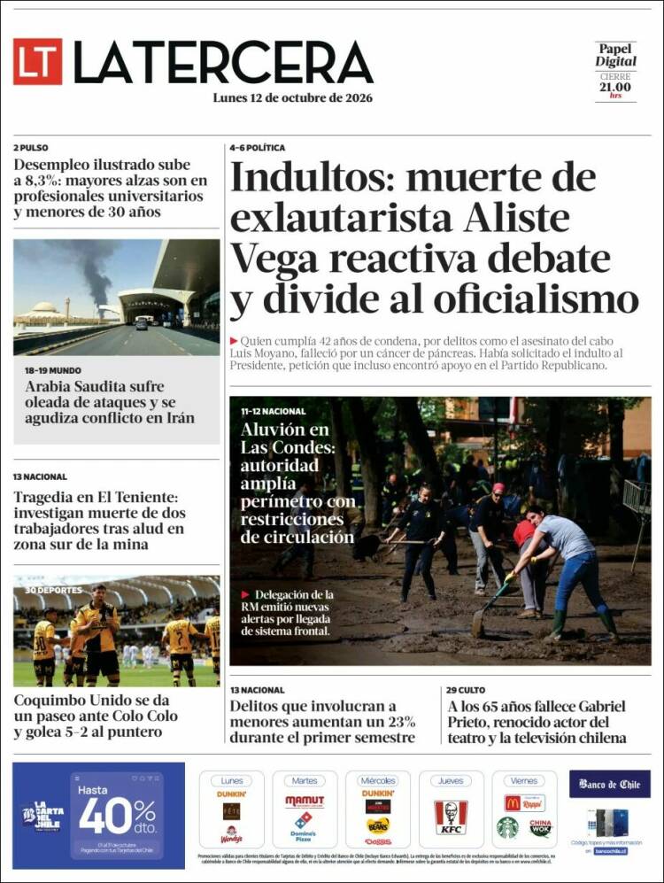 Portada de La Tercera (Chile)