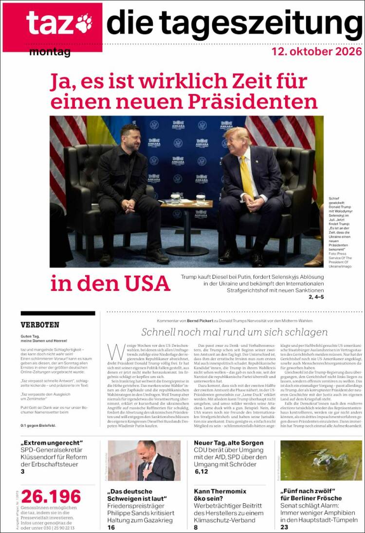 Portada de Die Tageszeitung (Alemania)
