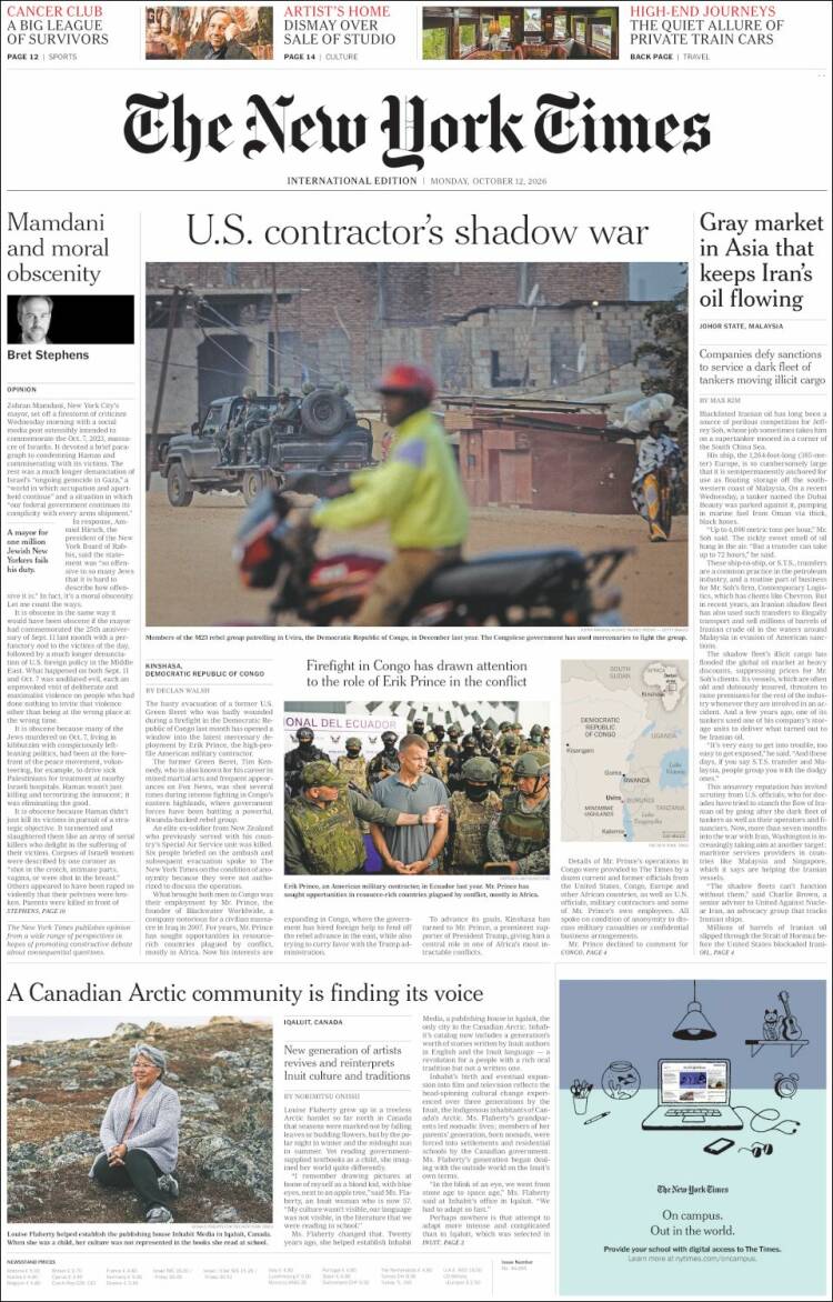 Portada de International New York Times (Europa)