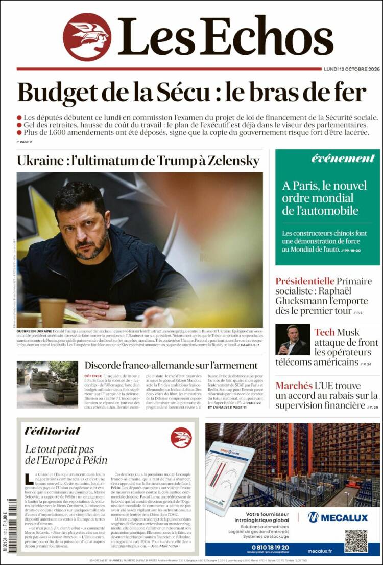 Portada de Les Echos (Francia)
