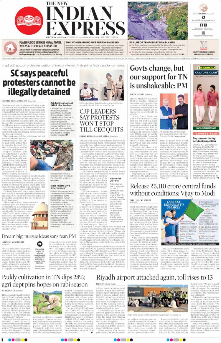Portada de New Indian Express (India)
