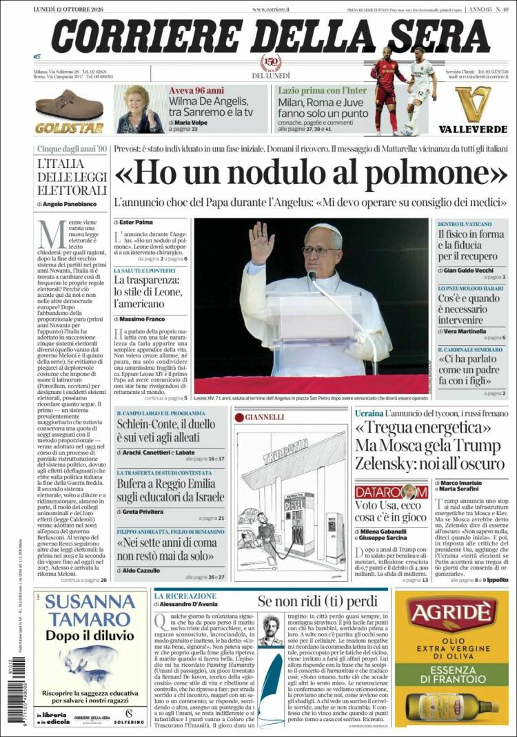 Portada de Corriere della Sera (Italia)
