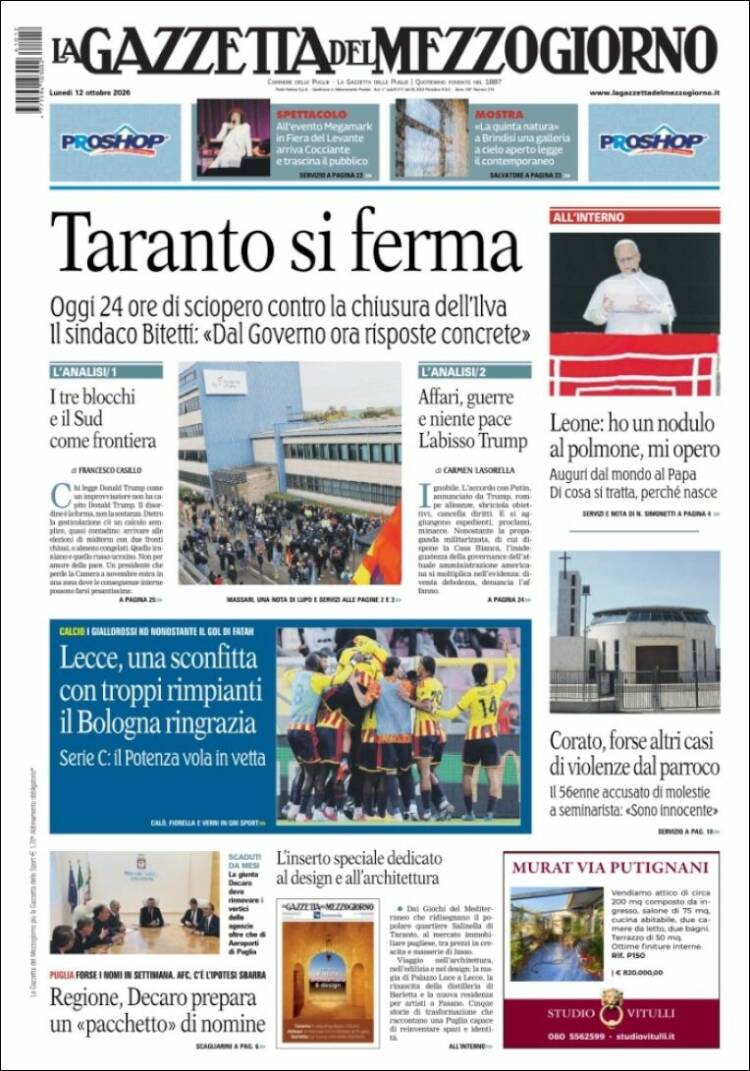 Portada de La Gazzetta del Mezzogiorno (Italia)