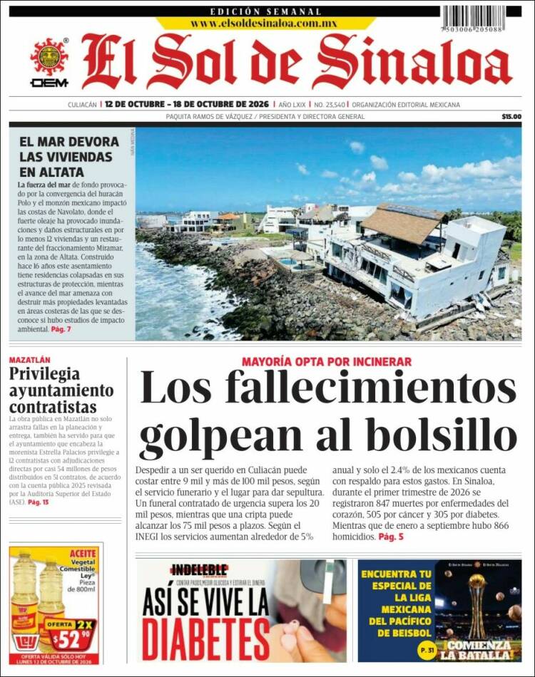 Portada de El Sol de Sinaloa (M&eacute;xico)