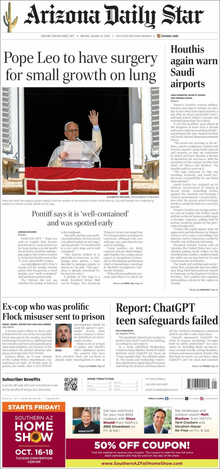 Portada de Arizona Daily Star (USA)