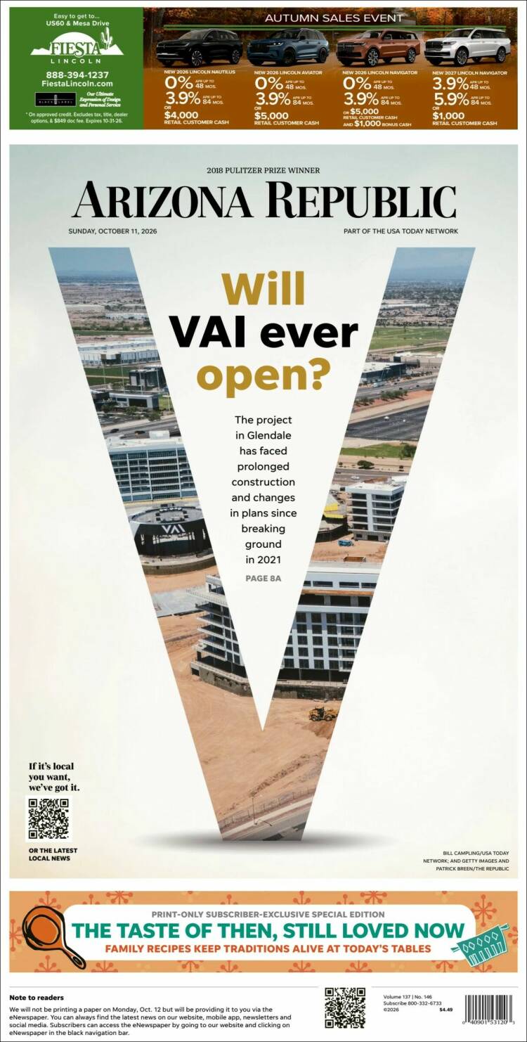 Portada de Arizona Republic News (USA)