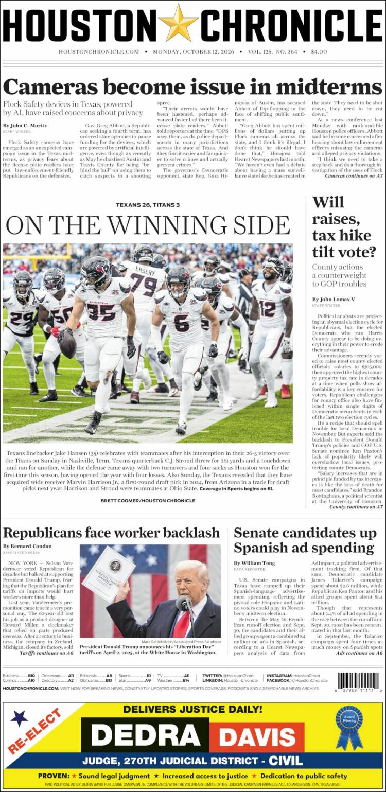 Portada de Houston Chronicle (USA)