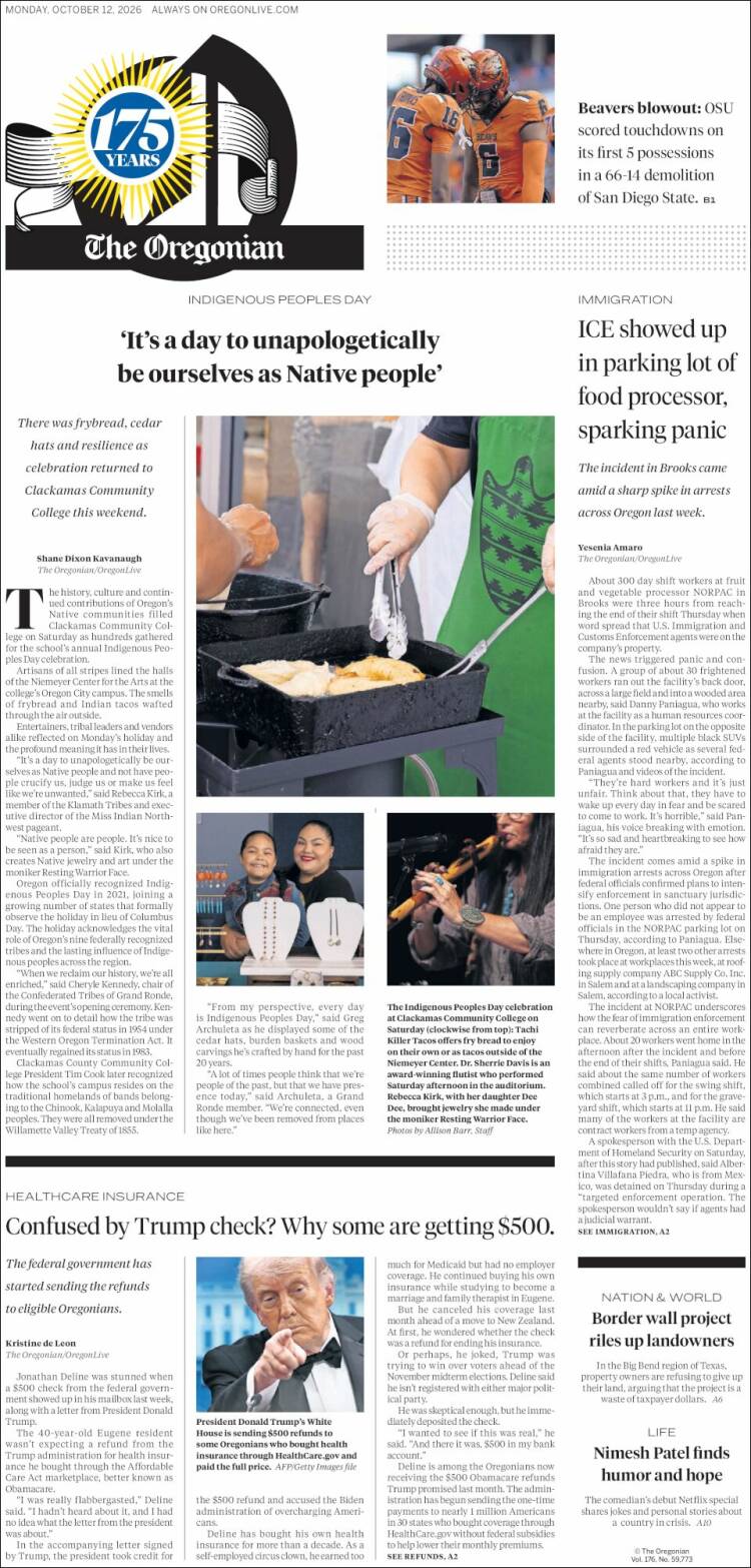 Portada de The Oregonian (USA)